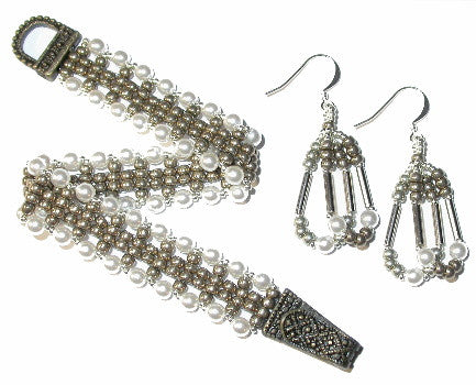 B13SP Ladder Pearl Edges Bracelet & Earrings