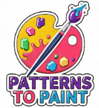 Colorful logo with a paint palette, brush, and 'Patterns to Paint' text on a white background